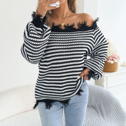 Off Shoulder Striped Sweater Distressed Balloon Sleeve