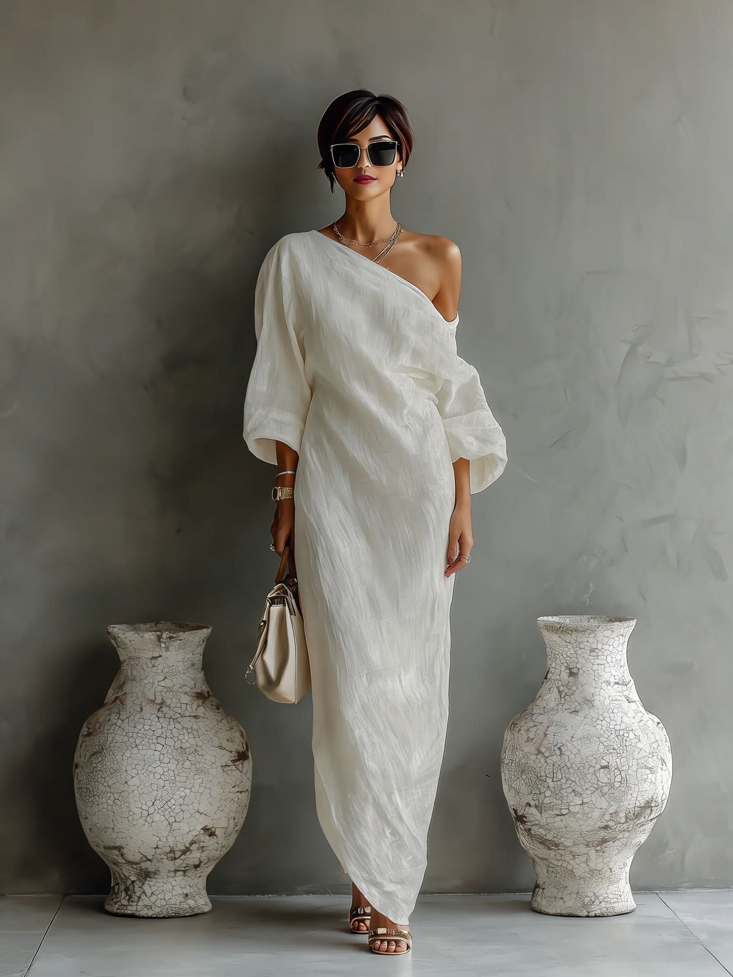 Elegant One Shoulder Long Sleeve Asymmetric Maxi Dress