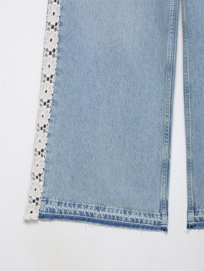Women's High Waisted Wide Leg Jeans Crochet Panel