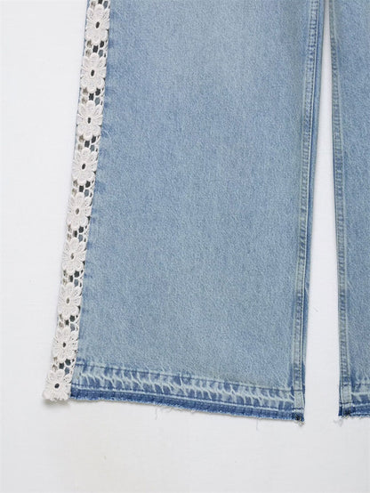 Women's High Waisted Wide Leg Jeans Crochet Panel