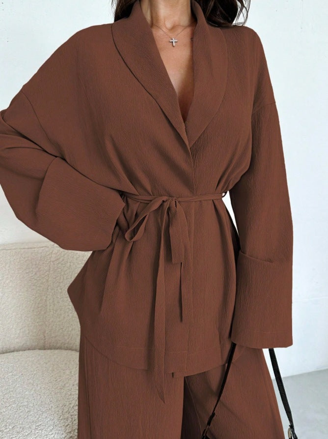 Lapel Belted Top Wide Leg Pants Two Piece Set