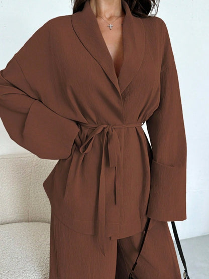 Lapel Belted Top Wide Leg Pants Two Piece Set