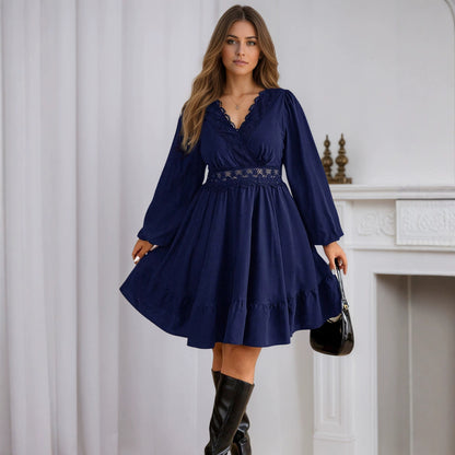Plus Size Lace Trim V Neck A Line Mini Dress