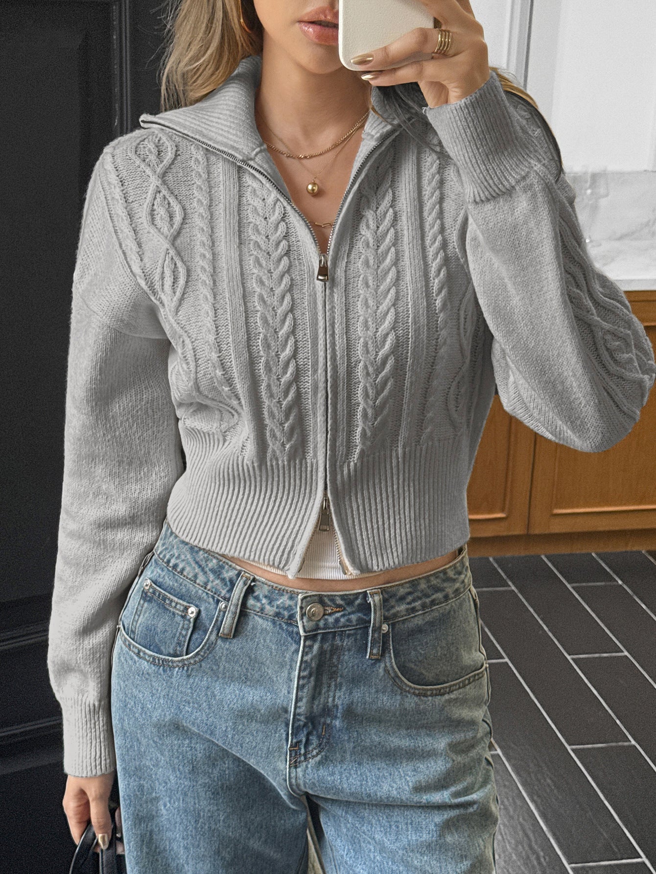 Women’s Y2K Zip Up Knit Sweater Jacket Long Sleeve Top