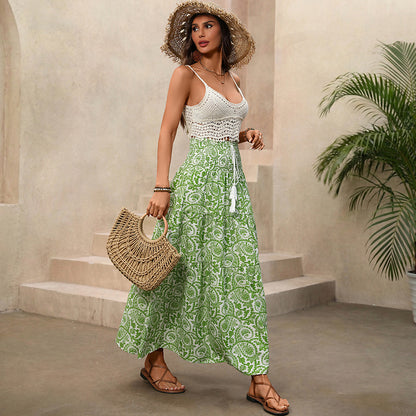 Boho Paisley Maxi Skirt Tassel Drawstring Elastic Waist Green