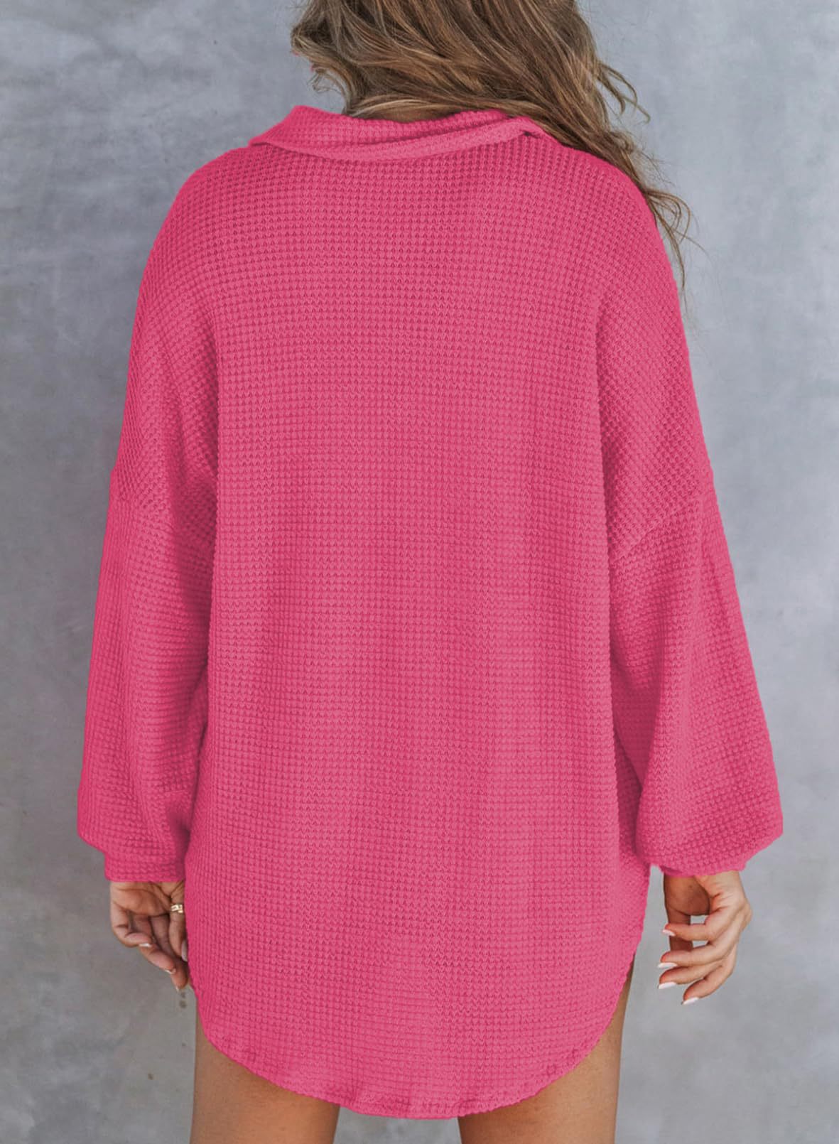 Women's Waffle Knit Oversized Collared Pocket Tunic Top