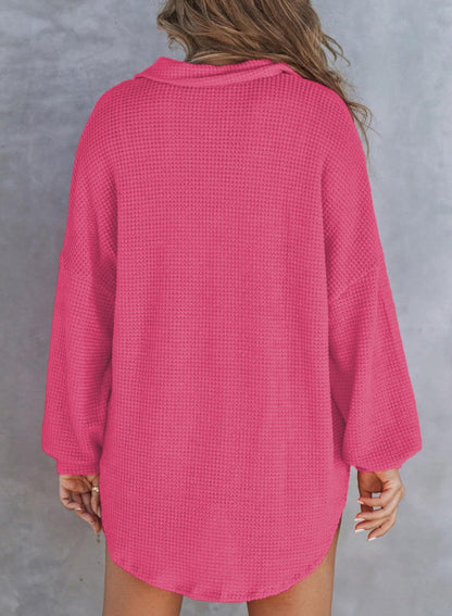 Women's Waffle Knit Oversized Collared Pocket Tunic Top