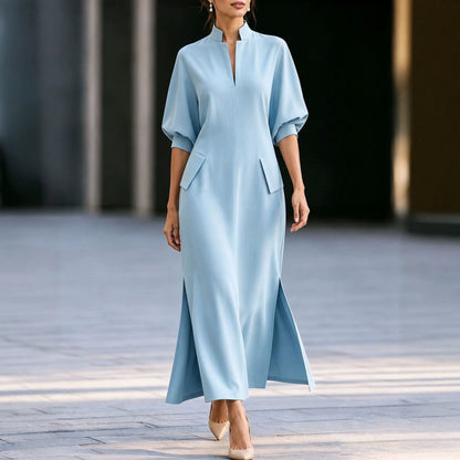 Elegant Mandarin Collar Balloon Sleeve Slit Maxi Dress