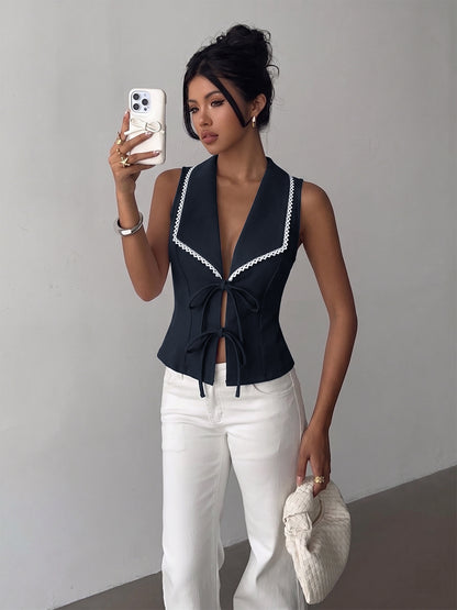 Elegant Lace Hollow Sleeveless Vest Slim Fit Top for Women