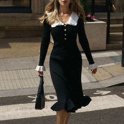 Ruffle Collar Sweater Dress Bodycon Midi Long Sleeve