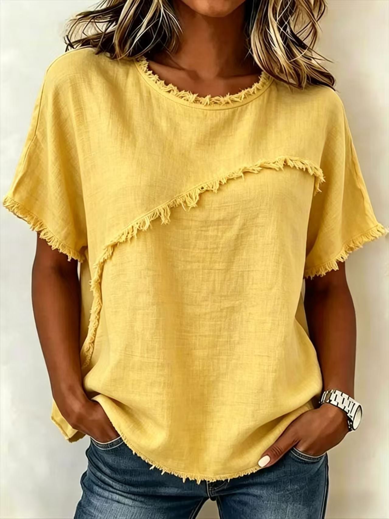 Frayed Trim Linen Blend Short Sleeve Relaxed Top
