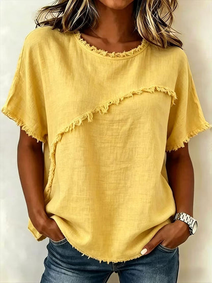 Frayed Trim Linen Blend Short Sleeve Relaxed Top