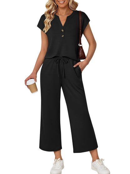Button Front Short Sleeve Top and Wide Leg Pants Set