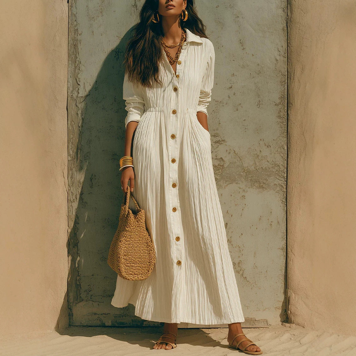 Women's Long Sleeve Maxi Shirt Dress Button Front Pockets