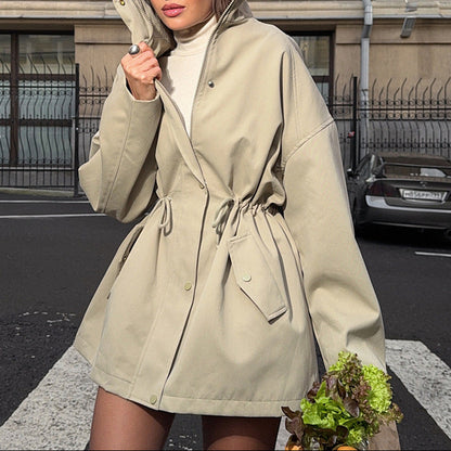 Womens Cotton Zip Up Drawstring Waist Mid Length Jacket