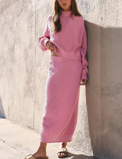 Women's Knit Two Piece Set Mock Neck Sweater Midi Skirt