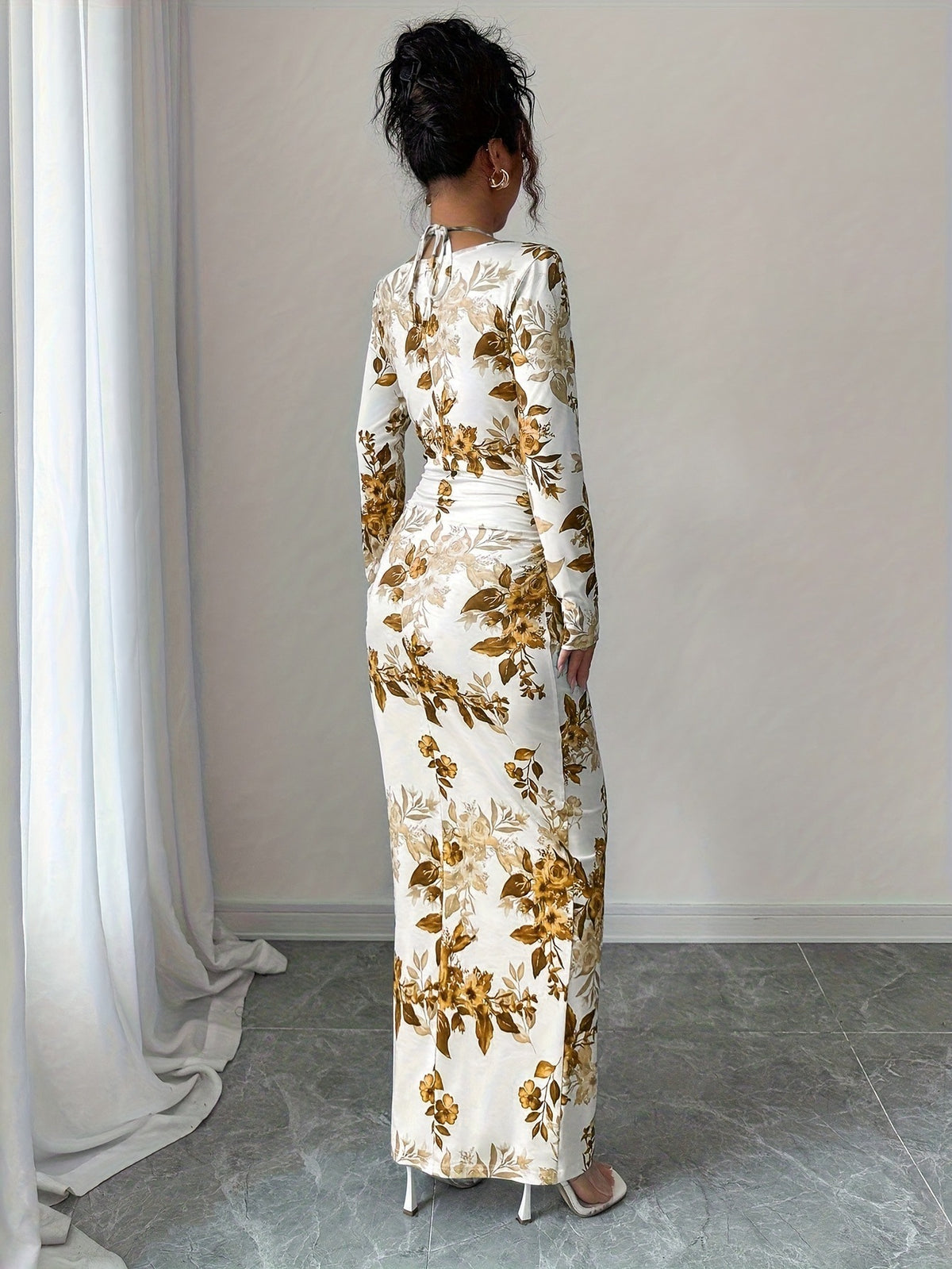 Long Sleeve Floral Cowl Neck Bodycon Maxi Dress