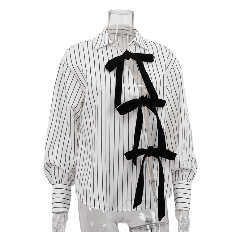 Women's Striped Bow Tie Long Sleeve Shirt Blouse