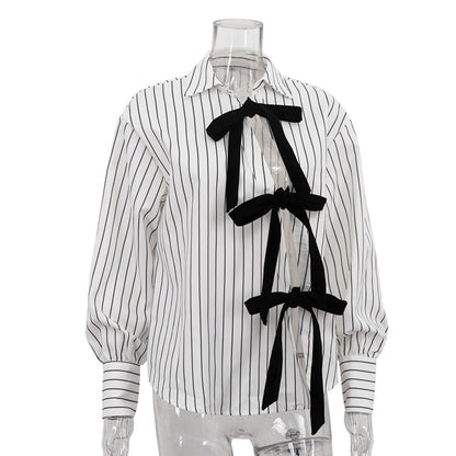 Women's Striped Bow Tie Long Sleeve Shirt Blouse