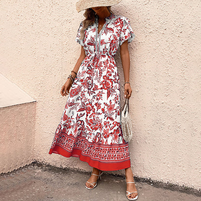 Blue Floral Boho Maxi Dress V Neck Vacation Midi Dress