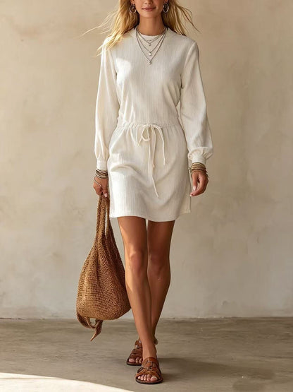 Women's Corduroy Long Sleeve Drawstring Waist Mini Dress