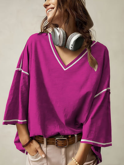 Women's Oversized V-Neck Batwing Sleeve Casual Top