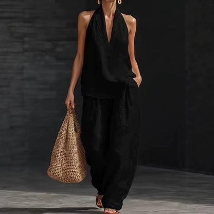 Women's Sleeveless Halter Top Wide Leg Pants Matching Set