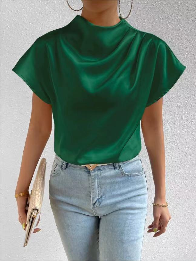 Women's Satin Mock Neck Draped Cap Sleeve Blouse