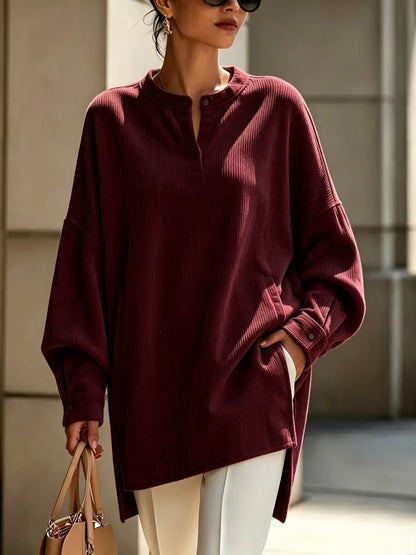 Women's Oversized Henley Tunic Textured Long Sleeve
