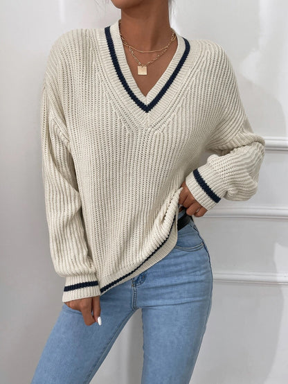Women's Oversized V-Neck Chunky Knit Sweater Color Block