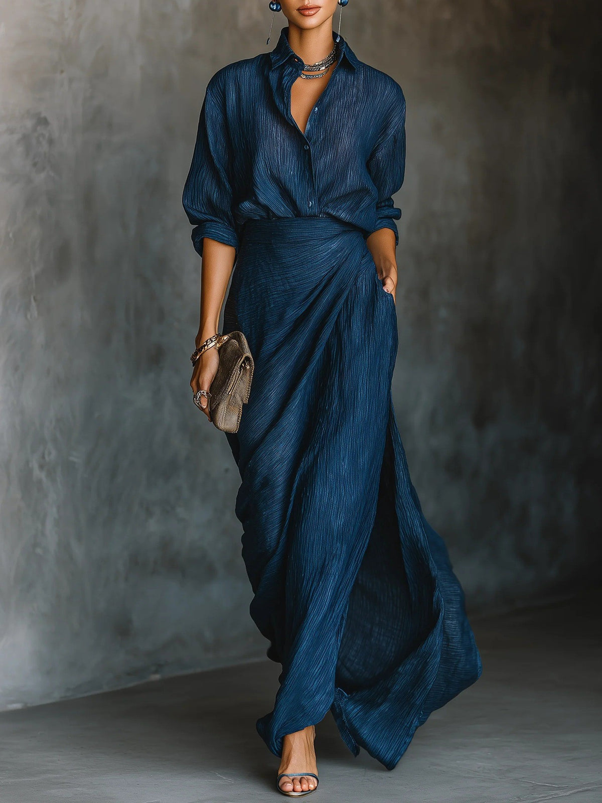 Women's Blazer & Pleated Asymmetric Midi Skirt Two Piece Set