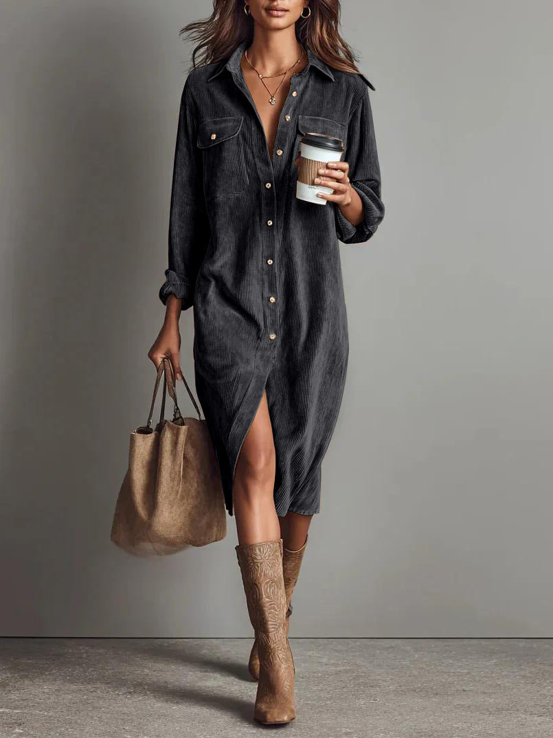 Women's Corduroy Shirt Dress Long Sleeve Button Down Midi