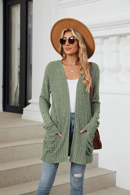 Simple Pocketed Long Sleeve Cardigan Knit Top