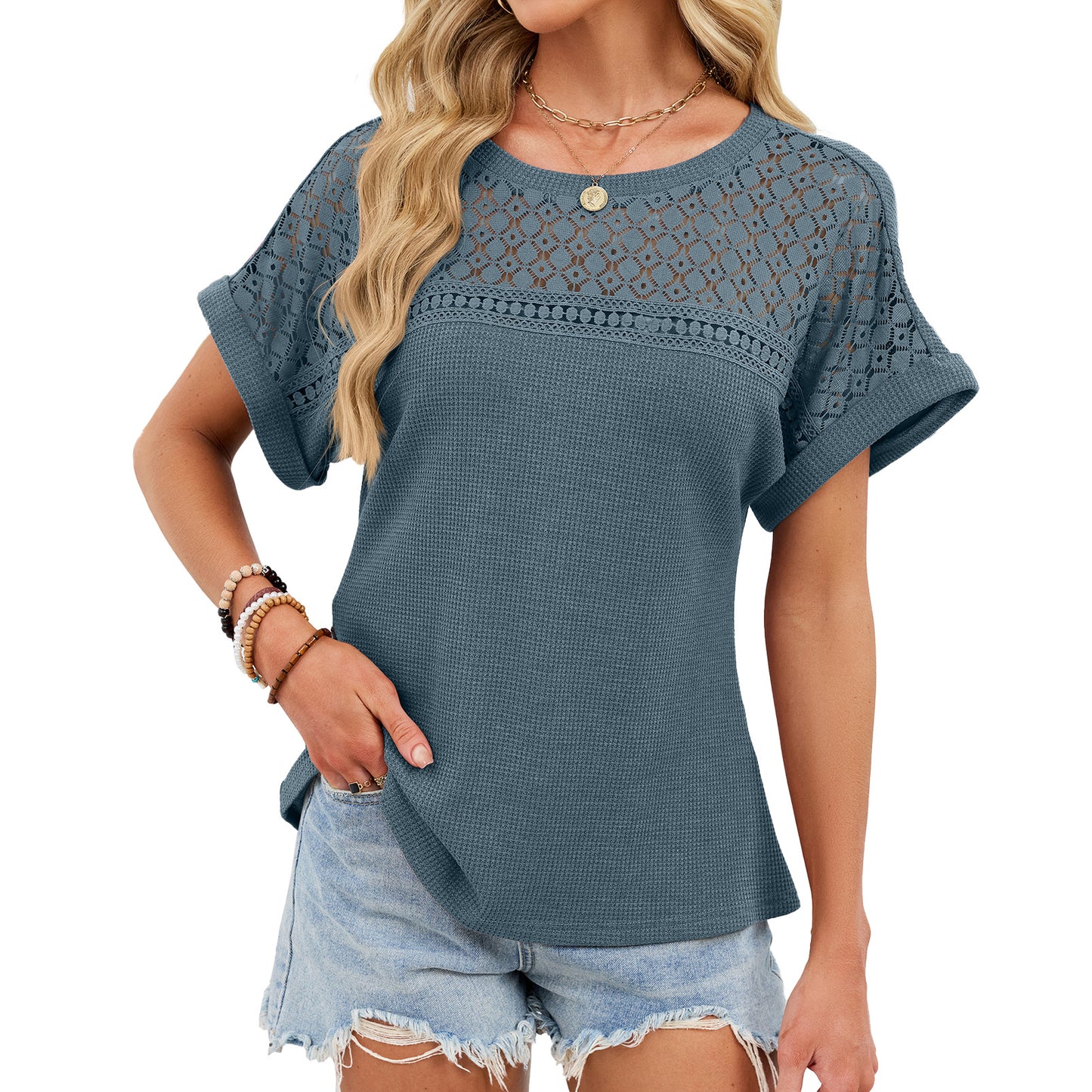 Crochet Lace Yoke Short Sleeve Waffle Knit Casual Top