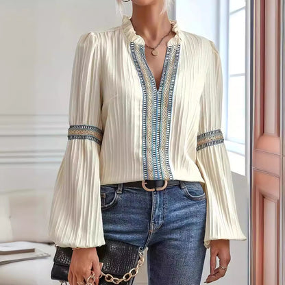 Boho Embroidered V Neck Lantern Sleeve Blouse