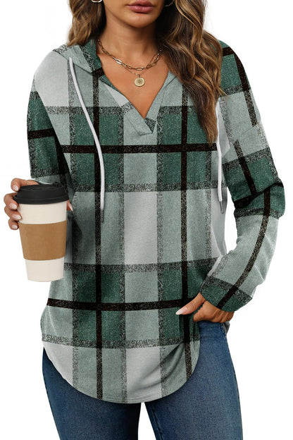 Women's Plaid Fleece V-Neck Hoodie Pullover