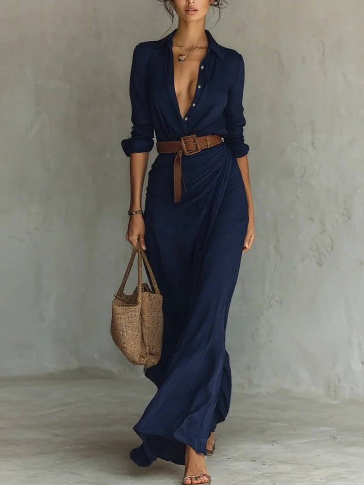 Elegant Ruched Belted Long Sleeve Asymmetric Maxi Dress
