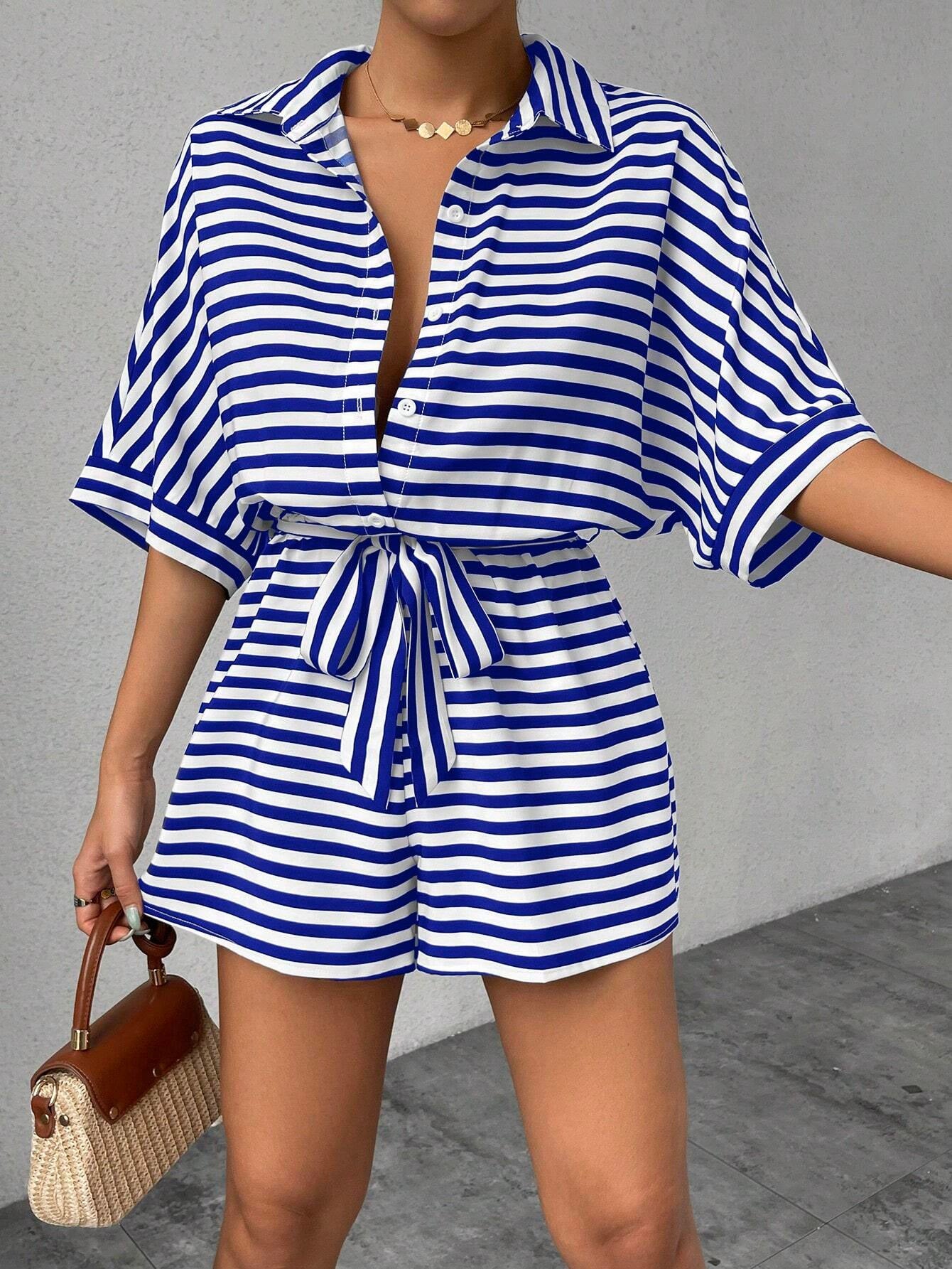 Striped Belted Button Down Romper with Half Sleeves