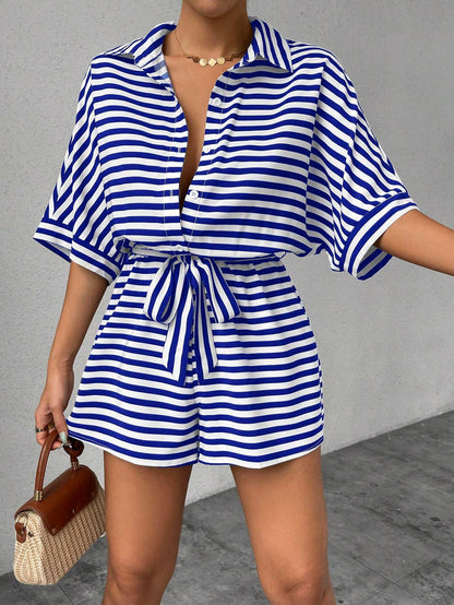 Striped Belted Button Down Romper with Half Sleeves
