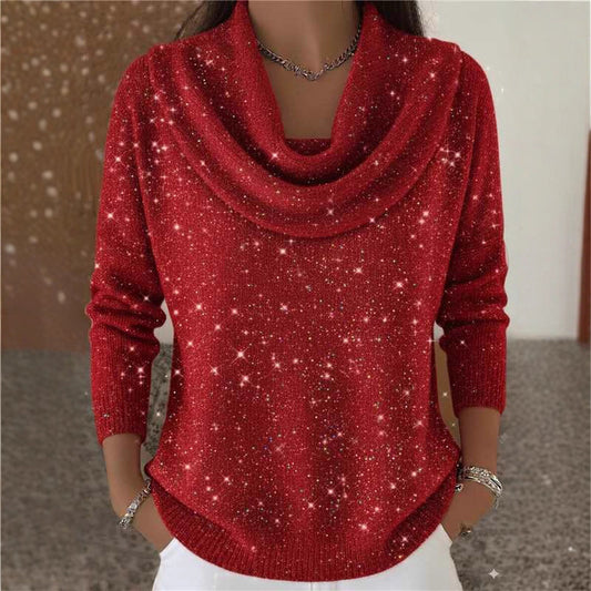 Women's Glitter Cowl Neck Long Sleeve Sweater