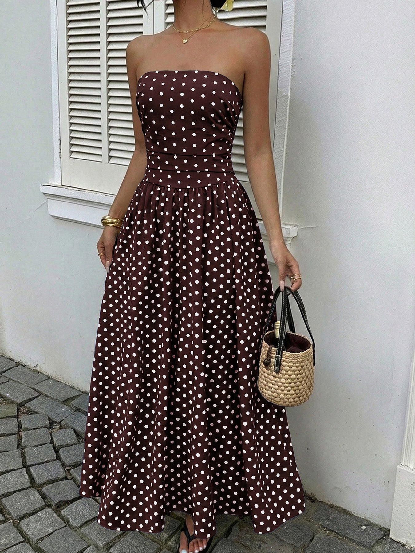 Strapless Polka Dot Maxi Dress Elegant Summer Dress