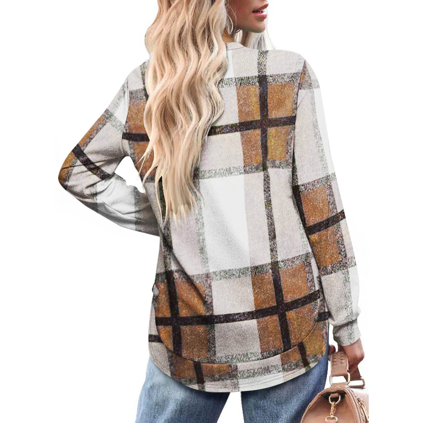 Women's Oversized Plaid Long Sleeve Tunic Top Curved Hem