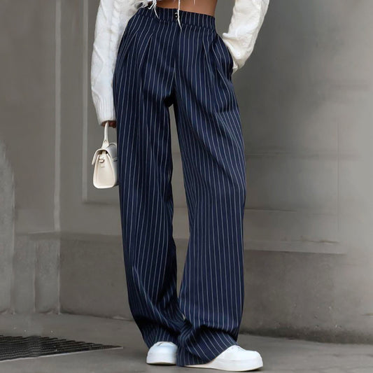Women's Navy Striped High Waist Wide Leg Trousers