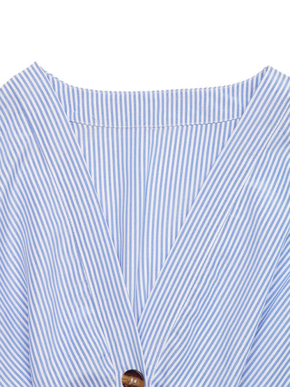 Blue Striped Flutter Sleeve Button Front Maxi Shirt Dress