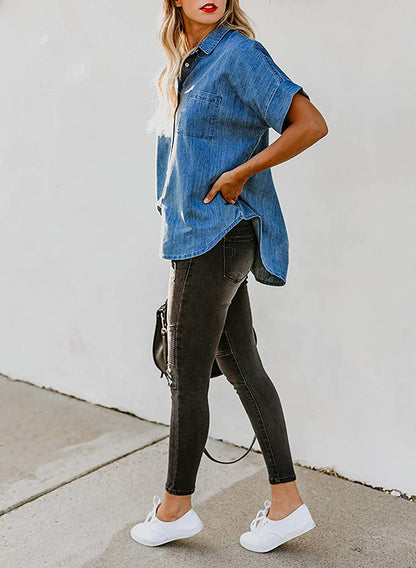 Loose Fit Denim Shirt Women Collared Short Sleeve Top