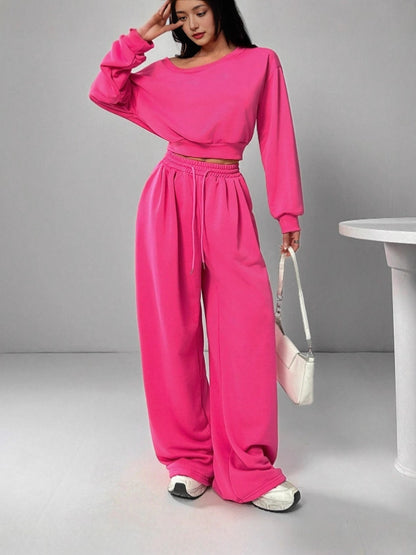 Off Shoulder Crop Sweatshirt Wide Leg Sweatpants Set