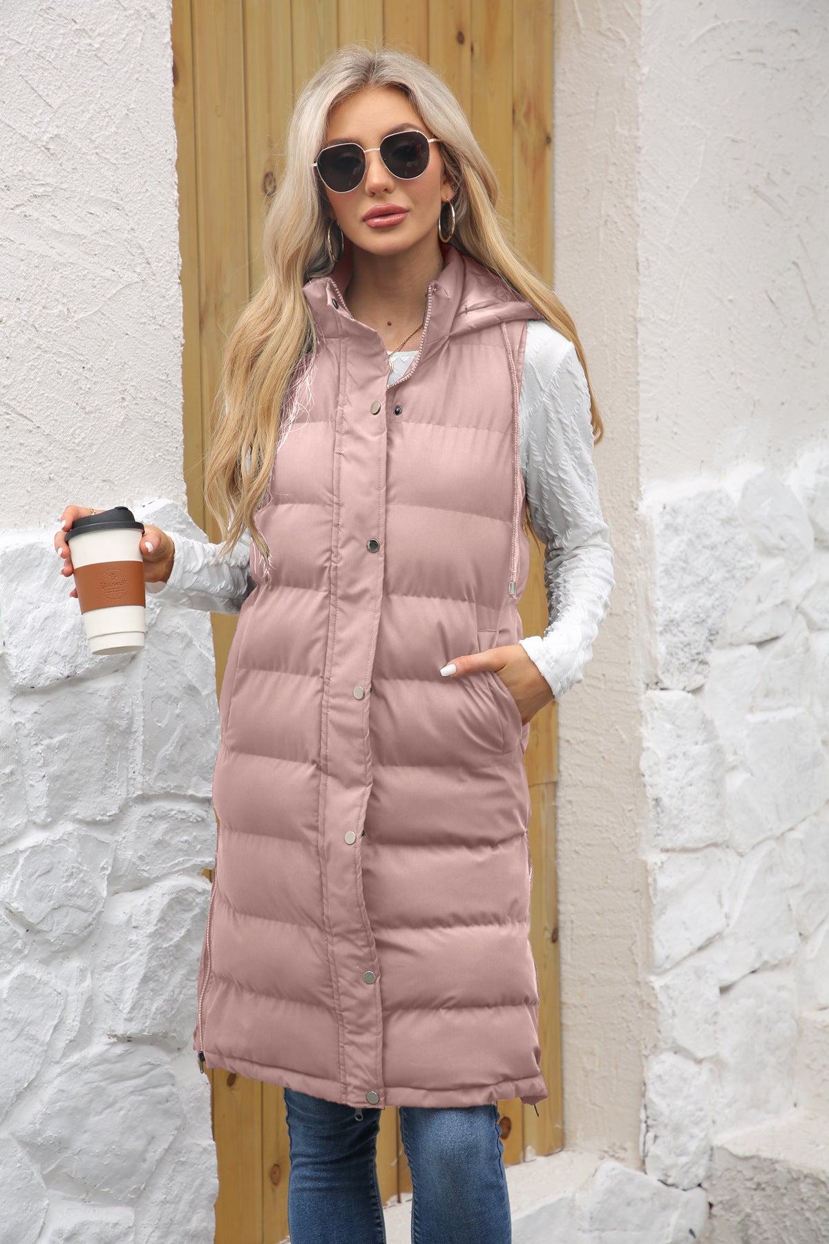 Women's Long Hooded Sleeveless Quilted Puffer Vest