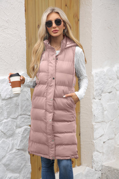 Women's Long Hooded Sleeveless Quilted Puffer Vest