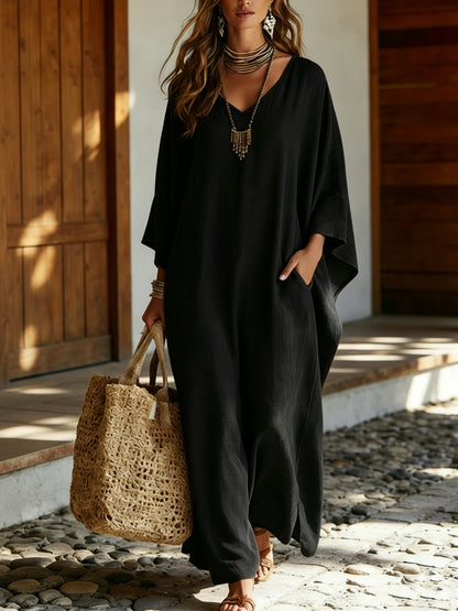 Women's Solid V-Neck Maxi Dress Loose Casual Beach