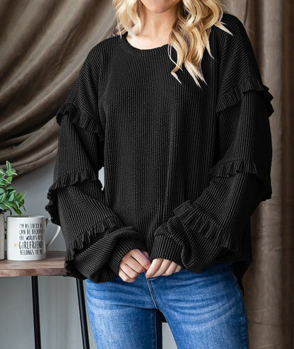 Lantern Sleeve Lace Round Neck Top